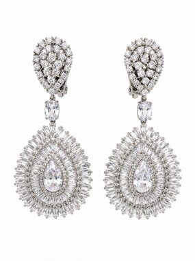 Elegant clip-on statement earrings featuring dazzling teardrop crystal centers